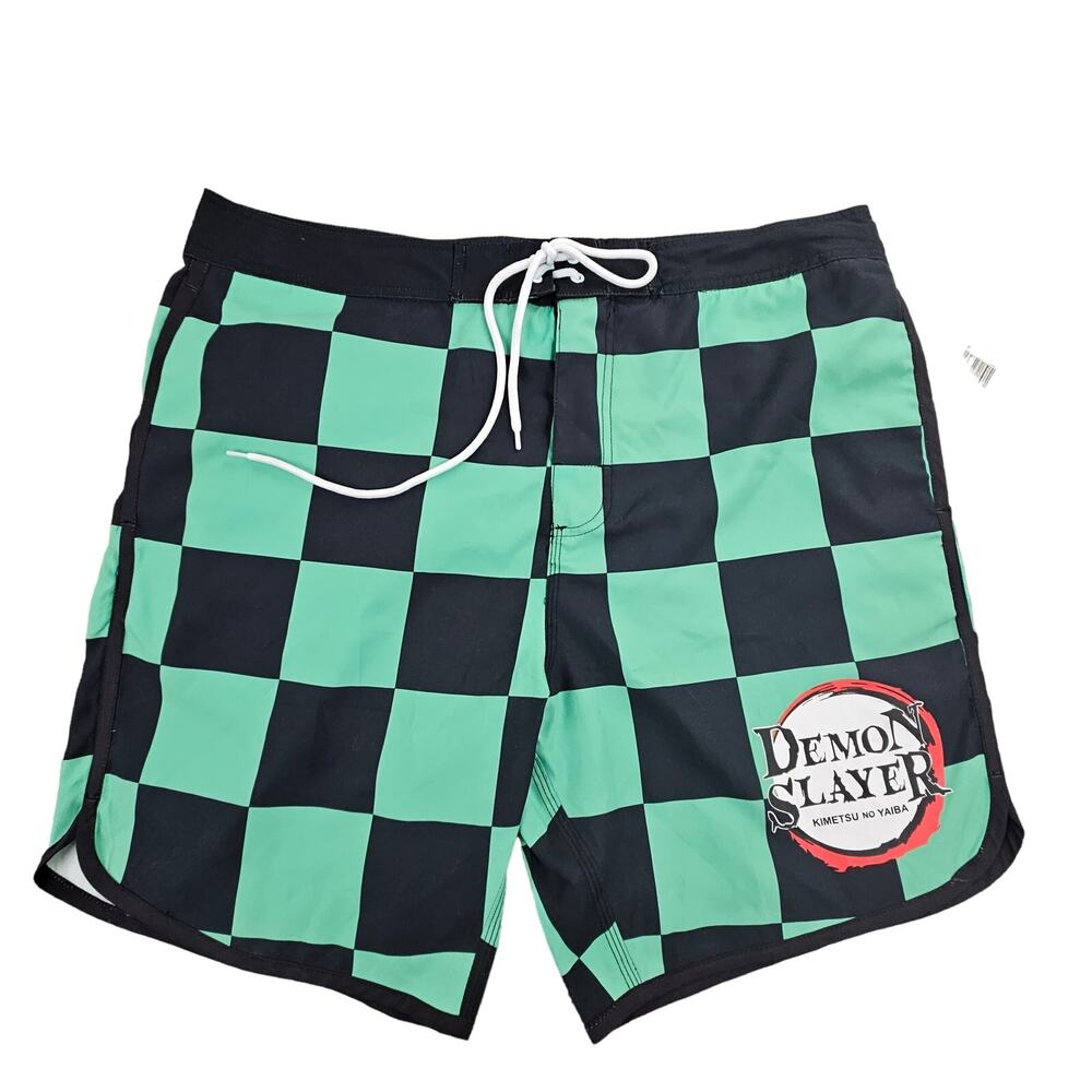 Hot Topic Swim Trunks Demon Slayer Mens Board Short XL Check Black Green NWT